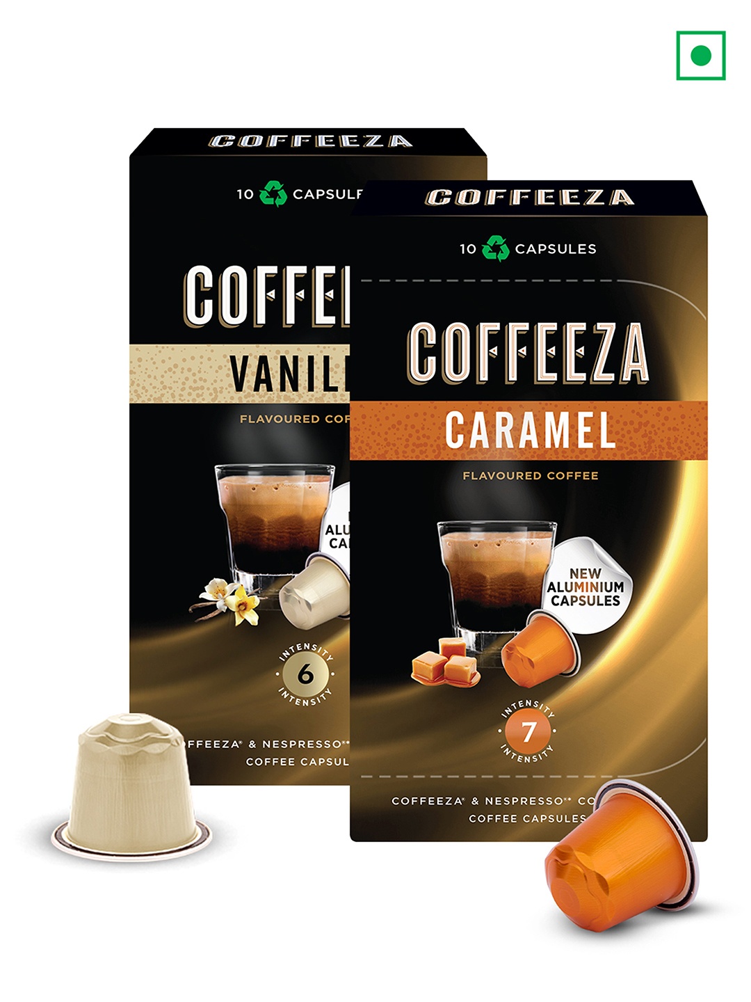 

Coffeeza Coffee Capsules Vanilla & Caramel Variety Pack- 20 Pods, Black
