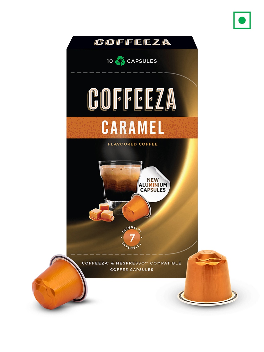 

Coffeeza Caramel Flavoured Aluminium Coffee Capsules Intensity - 6, Black