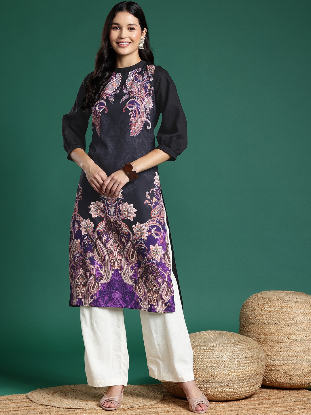 

Sangria Ethnic Motifs Print Kurta, Black