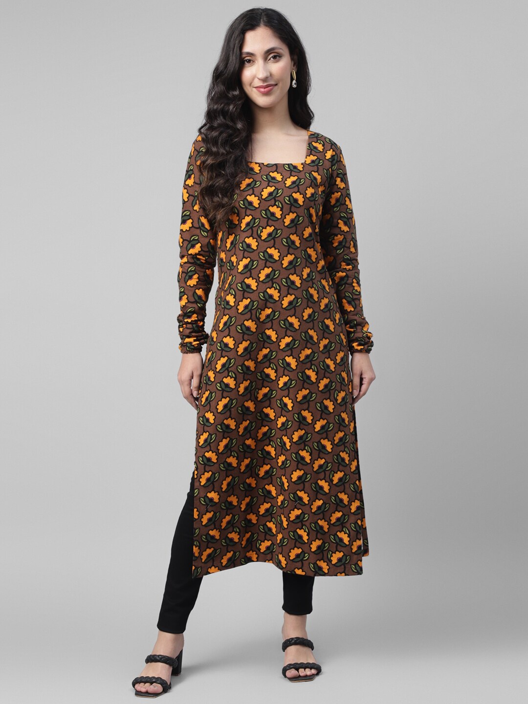 

DEEBACO Floral Printed Square Neck Long Sleeves Cotton Straight Kurta, Brown