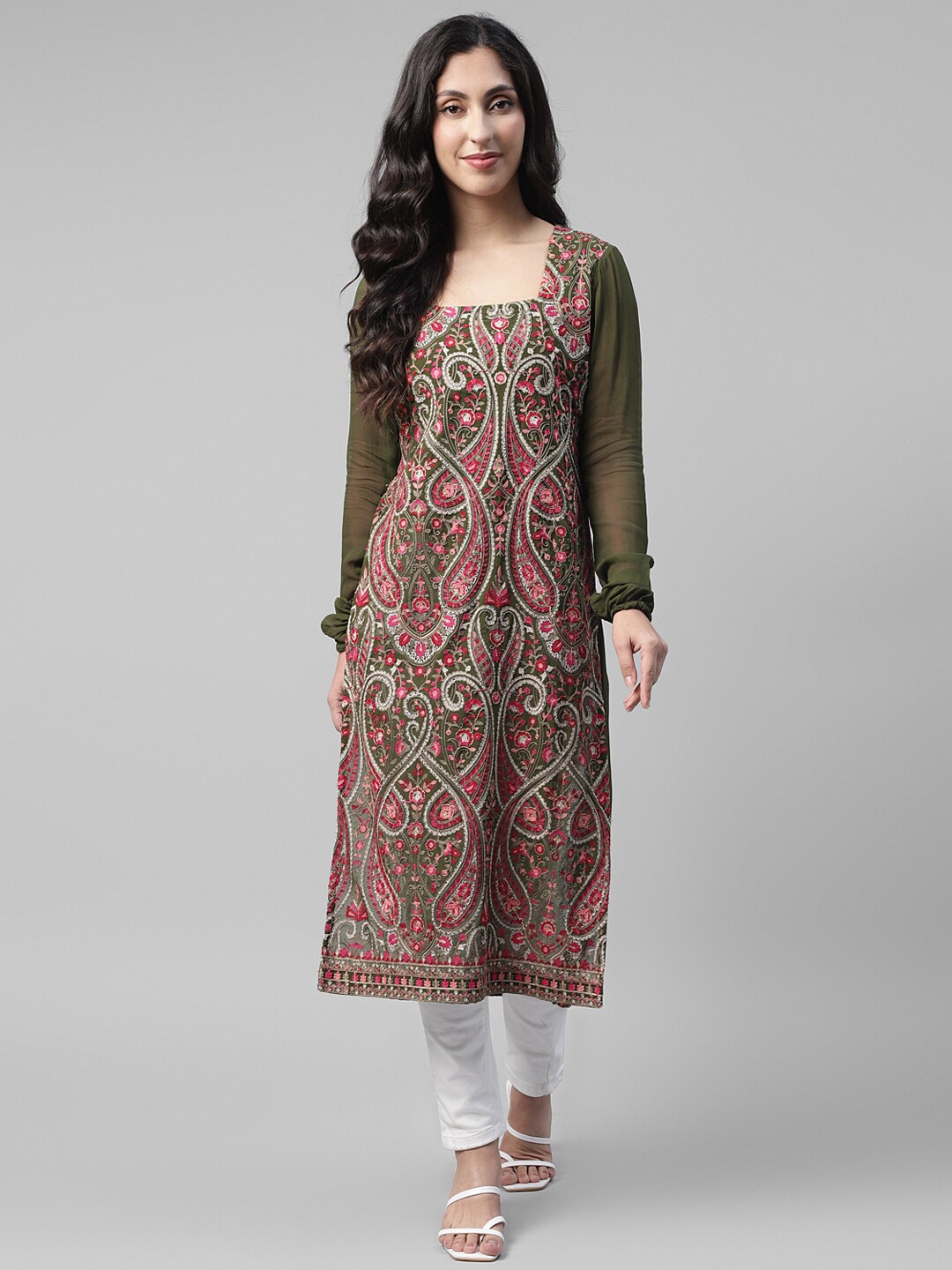 

DEEBACO Ethnic Motifs Embroidered Square Neck Long Sleeves Georgette Straight Kurta, Olive