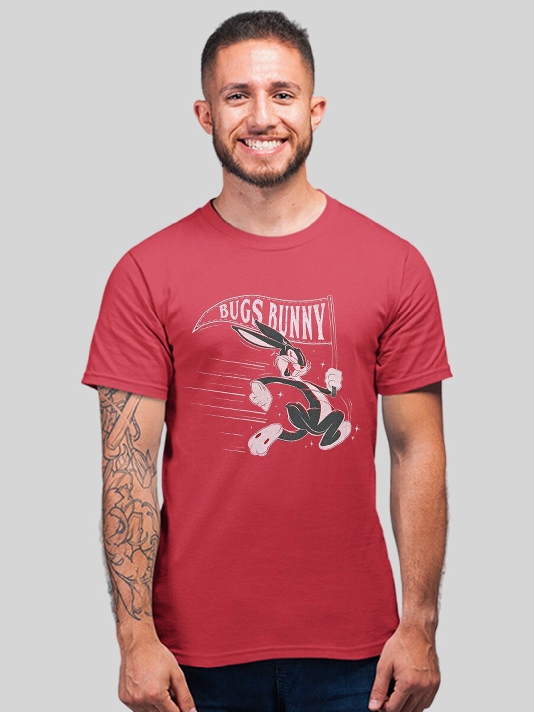 

Minute Mirth Round Neck Short Sleeves Looney Tunes Printed Cotton T-shirt, Red