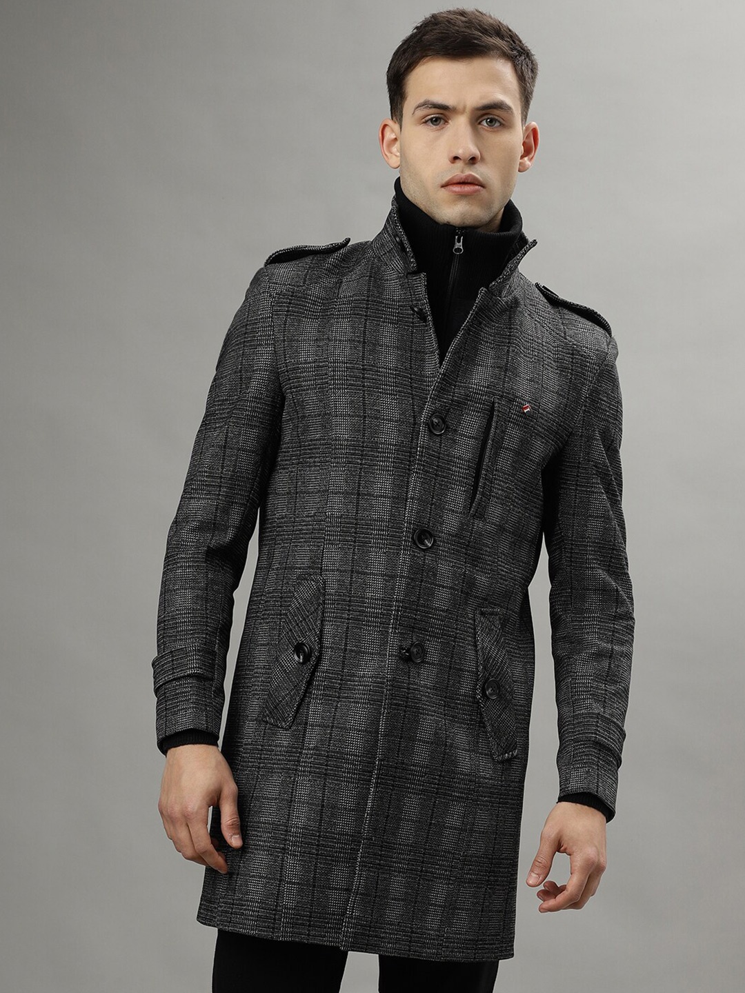 

Iconic Checked Single-Breasted Overcoat, Black