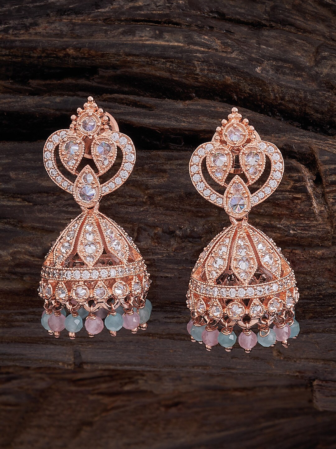 

Kushal's Fashion Jewellery Rose Gold Plated Zircon Dome Shaped Jhumkas