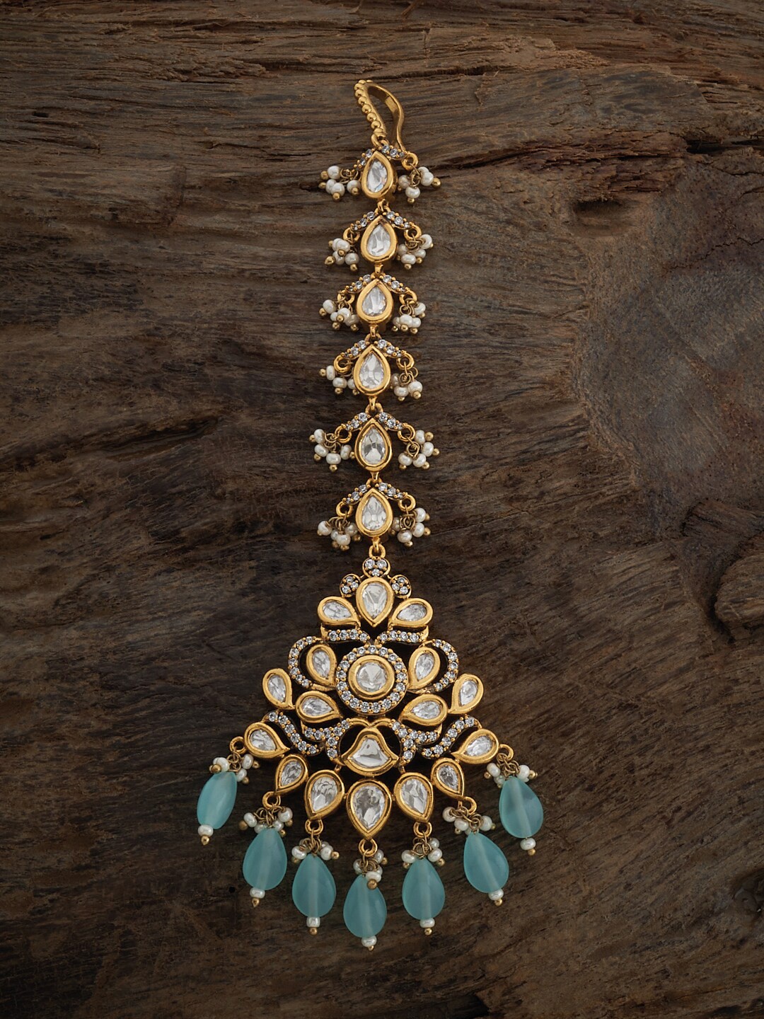 

Kushal's Fashion Jewellery Kundan Studded & Pearls Beaded Maang Tikka, Sea green