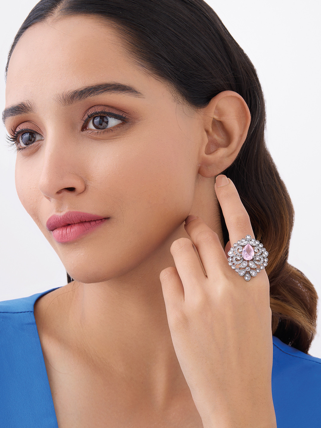 

Kushal's Fashion Jewellery Rhodium-Plated CZ-Studded Adjustable Finger Ring, Silver