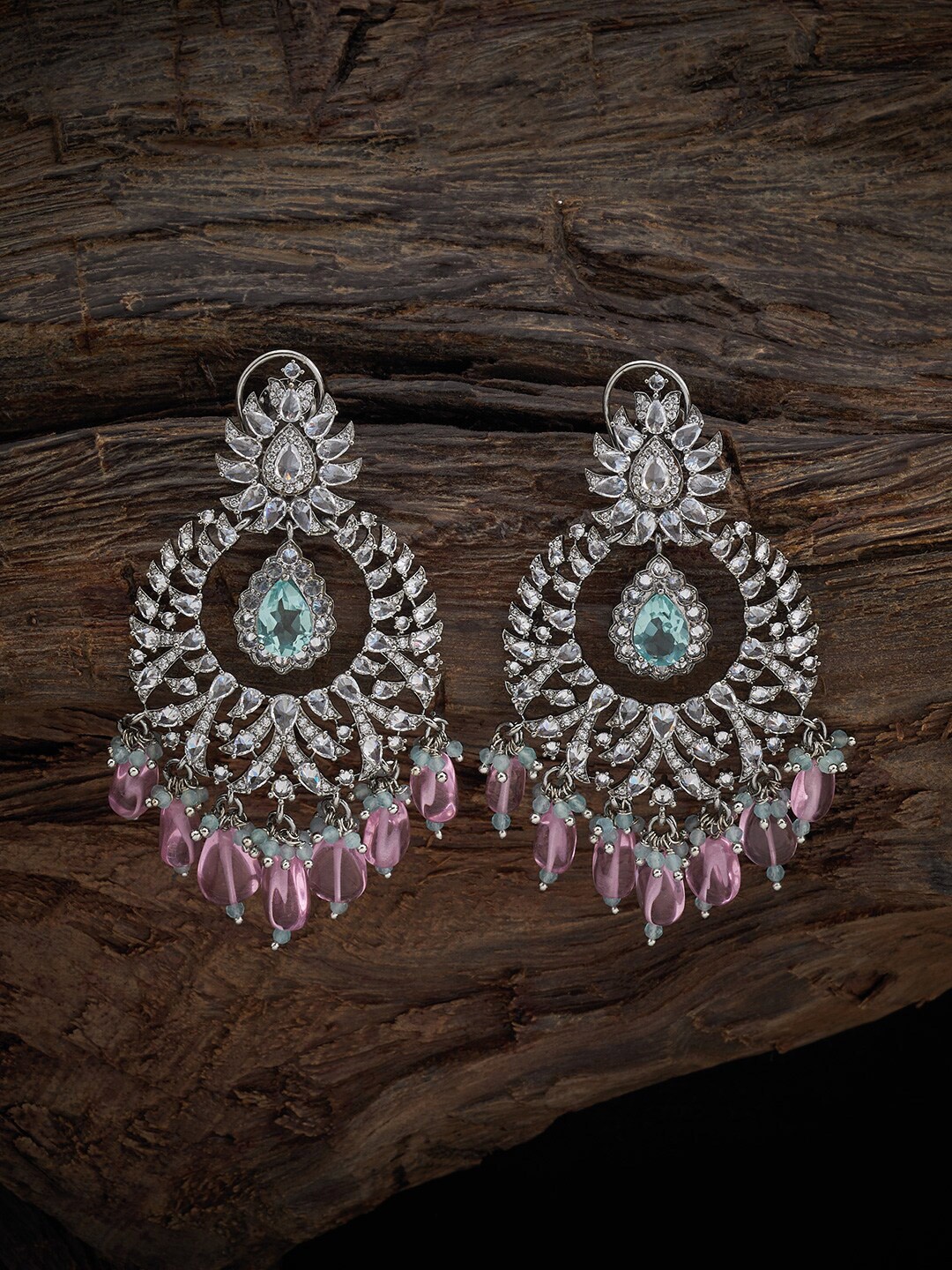 

Kushal's Fashion Jewellery Rhodium-Plated Cubic Zirconia Studded Drop Earrings, Pink