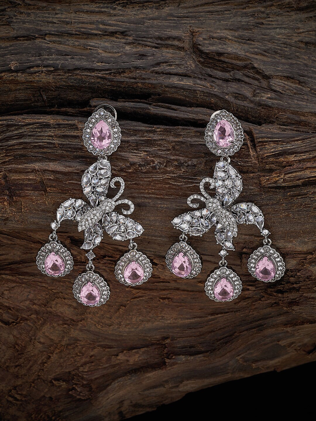 

Kushal's Fashion Jewellery Rhodium-Plated Cubic Zirconia Studded Drop Earrings, Pink