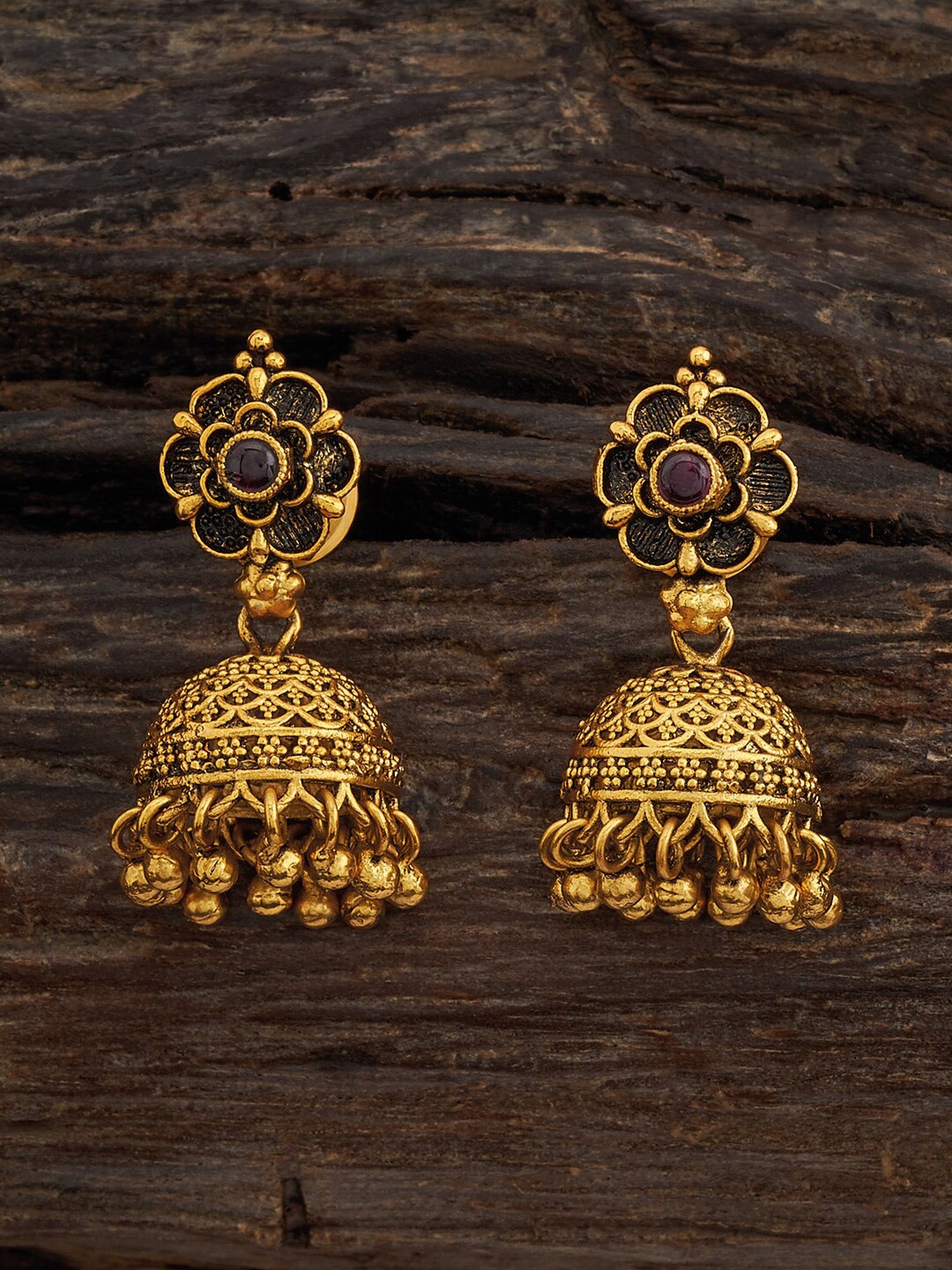 

Kushal's Fashion Jewellery Gold-Plated Classic Artificial Stones Studded Jhumkas, Red