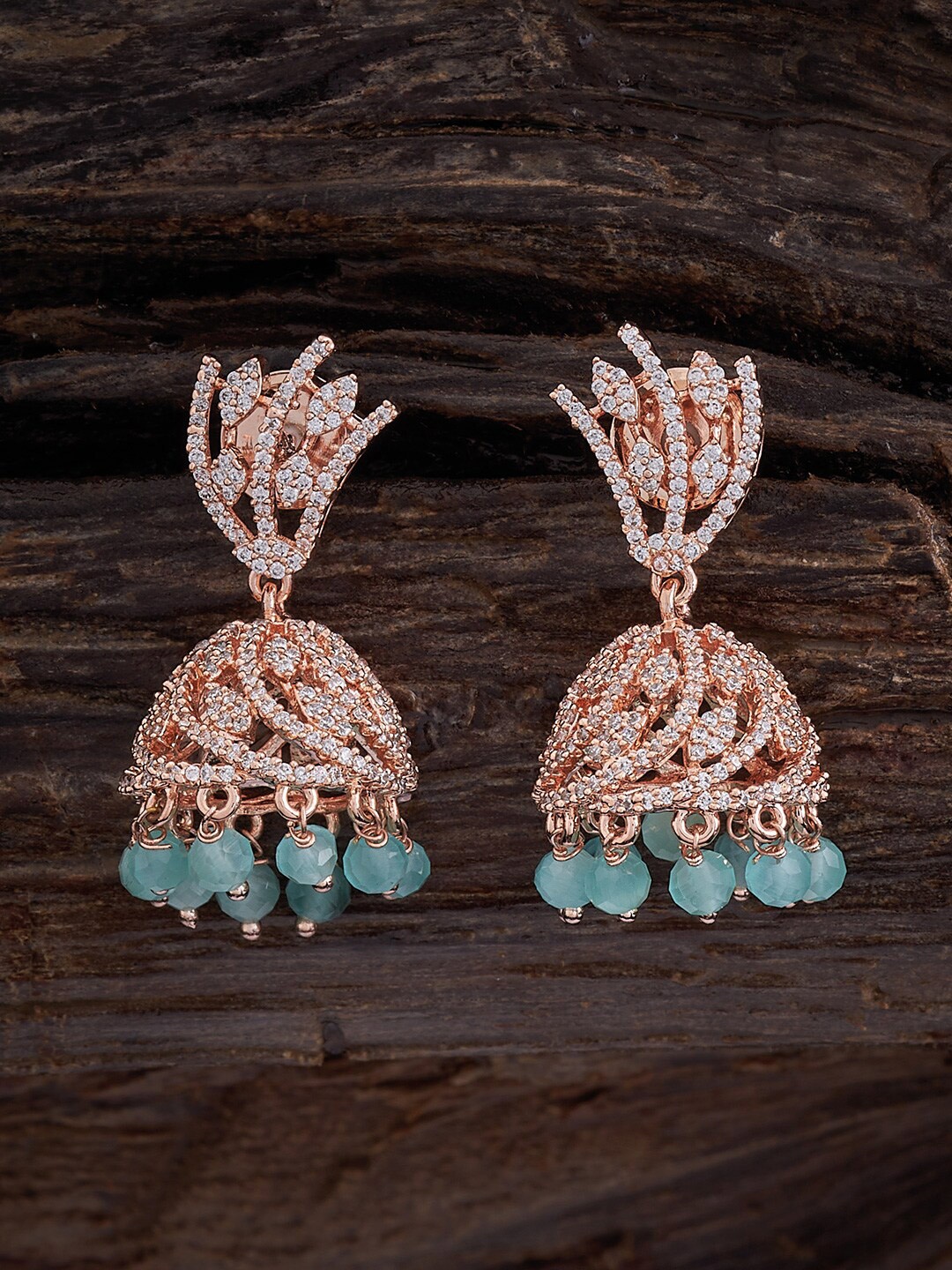 

Kushal's Fashion Jewellery Rose Gold-Plated Cubic Zirconia Studded Jhumkas, Sea green
