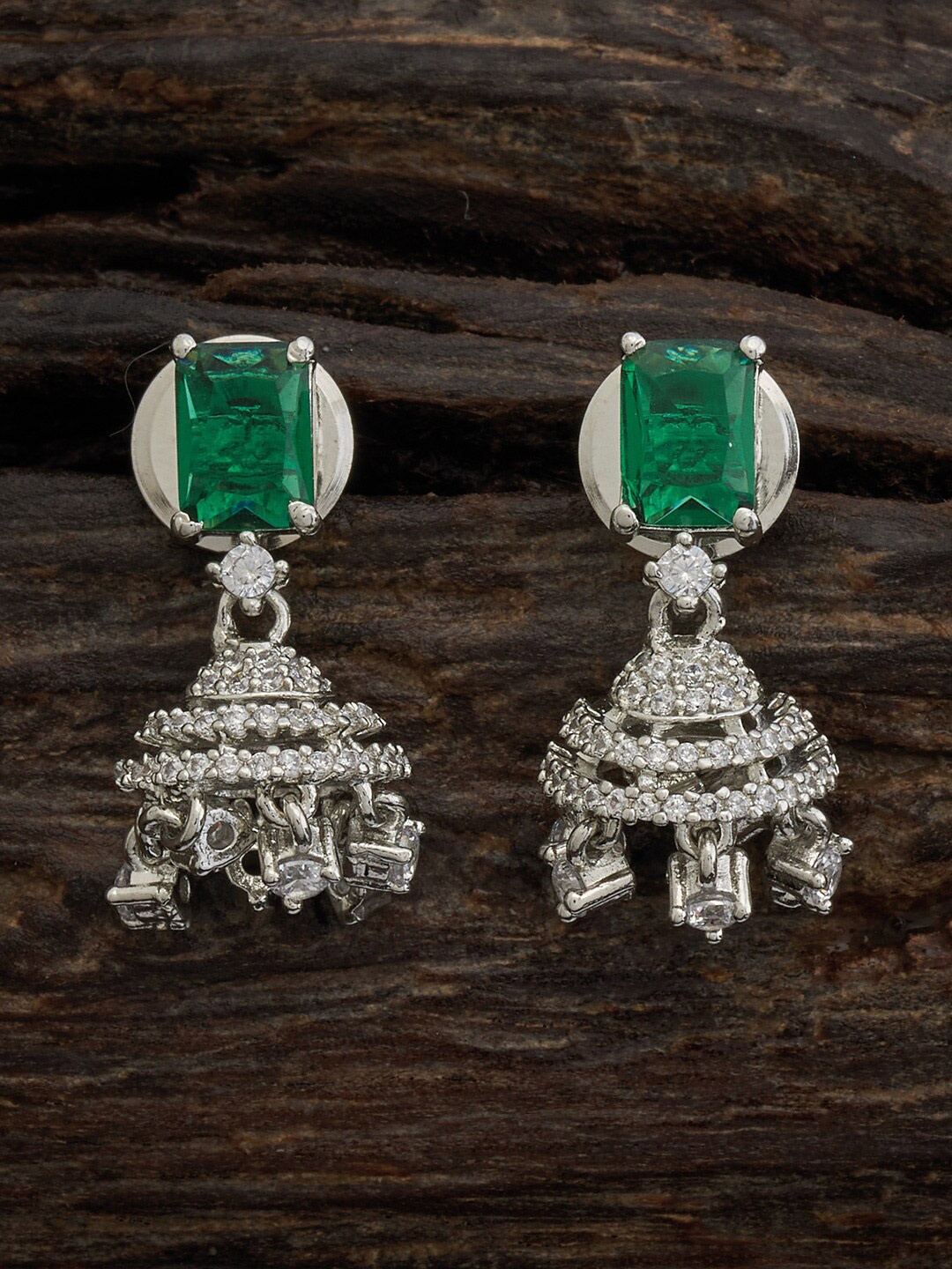 

Kushal's Fashion Jewellery Rhodium-Plated Cubic Zirconia Studded Jhumkas, Green