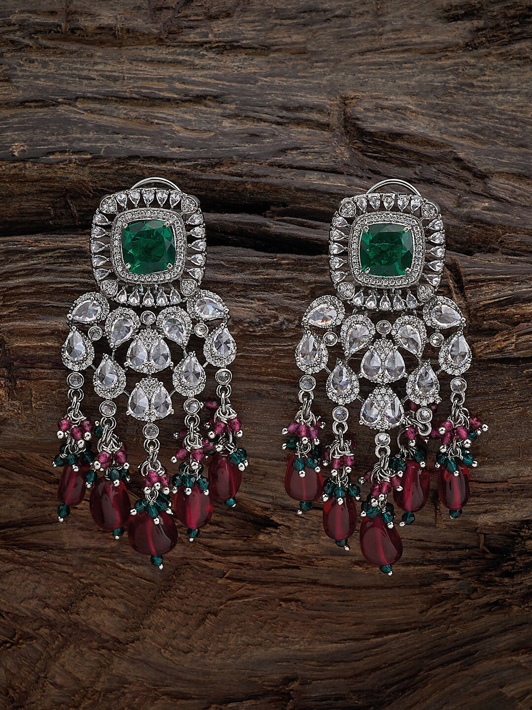

Kushal's Fashion Jewellery Rhodium-Plated Cubic Zirconia Studded Drop Earrings, Red