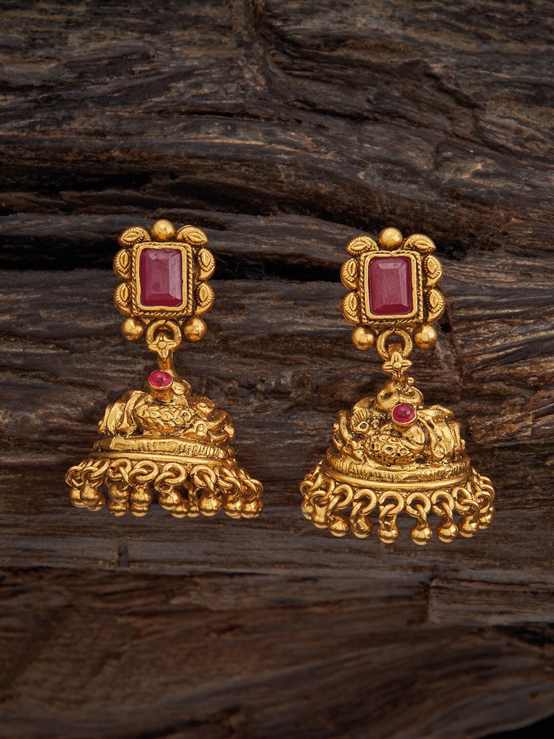 

Kushal's Fashion Jewellery 92.5 Pure Silver Gold-Plated Jhumkas, Red