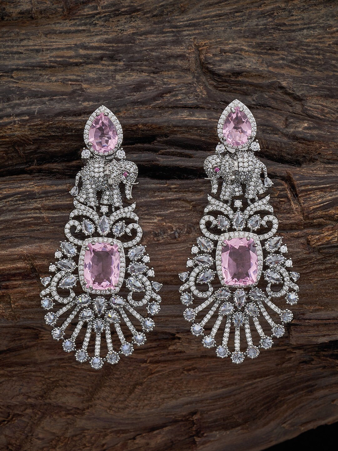 

Kushal's Fashion Jewellery Rhodium-Plated Cubic Zirconia Studded Drop Earrings, Pink