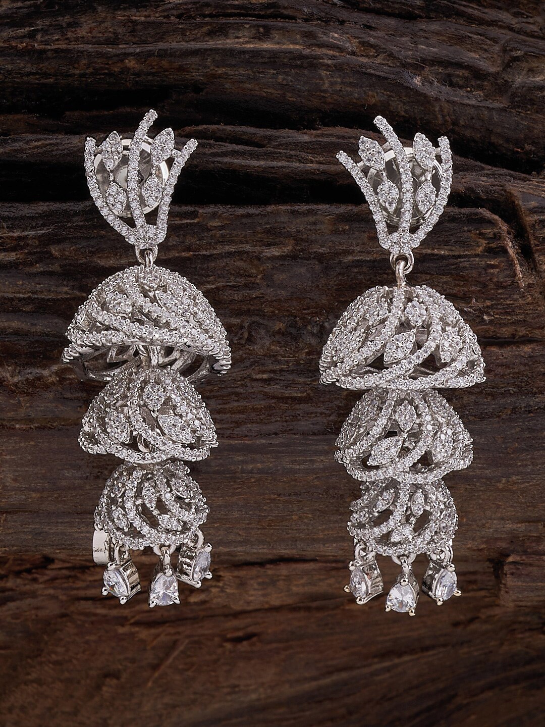 

Kushal's Fashion Jewellery Rhodium-Plated Cubic Zirconia Studded Jhumkas, White