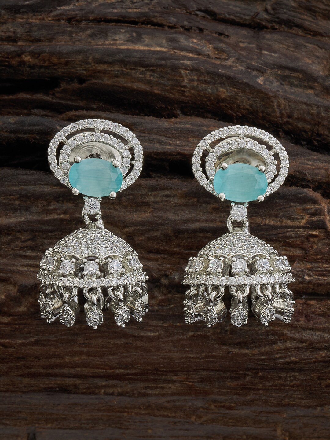 

Kushal's Fashion Jewellery Rhodium-Plated Dome Shaped Jhumkas Earrings, Sea green