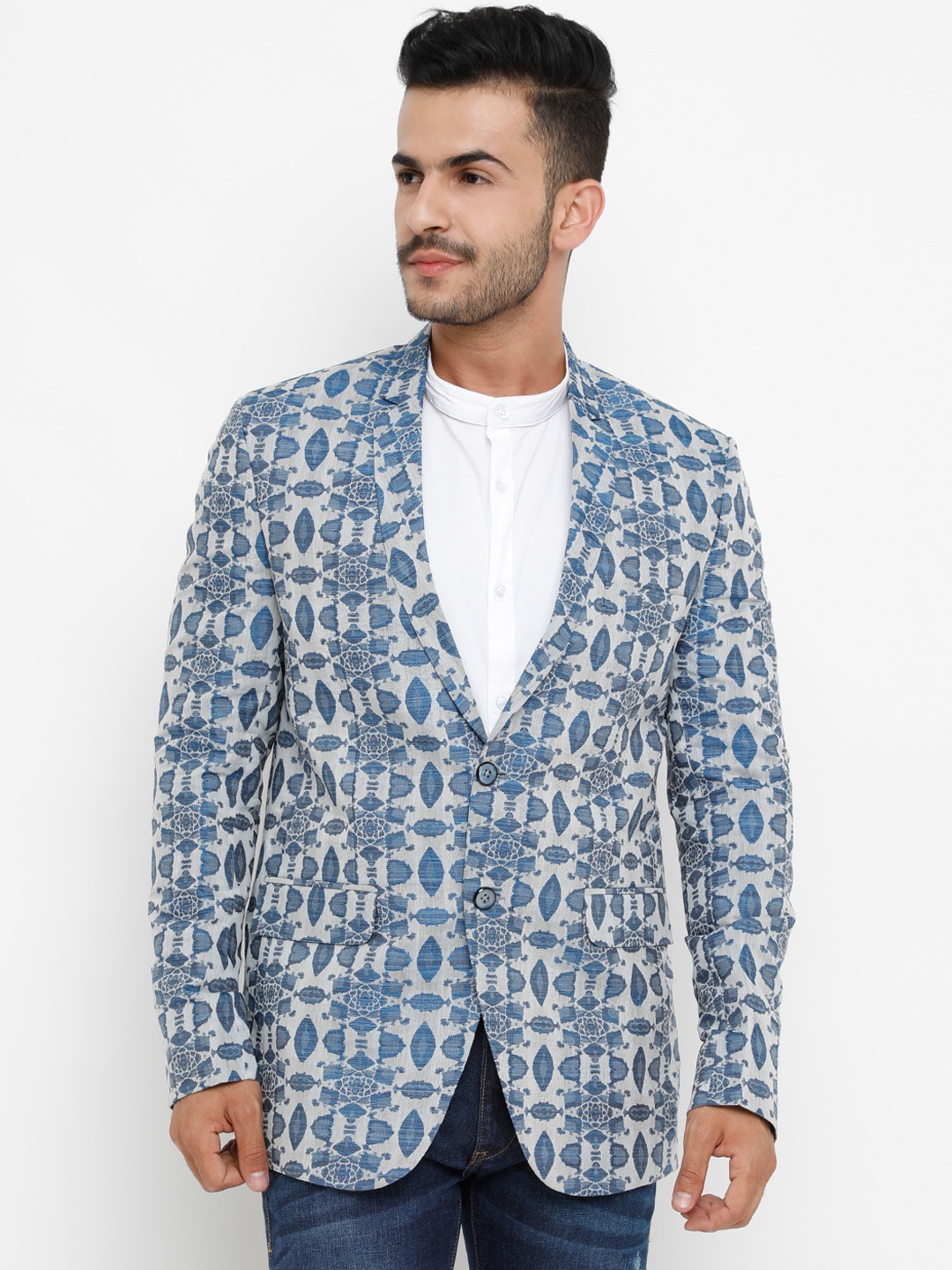 

SHOWOFF Men Off-White & Blue Slim Fit Party Blazer