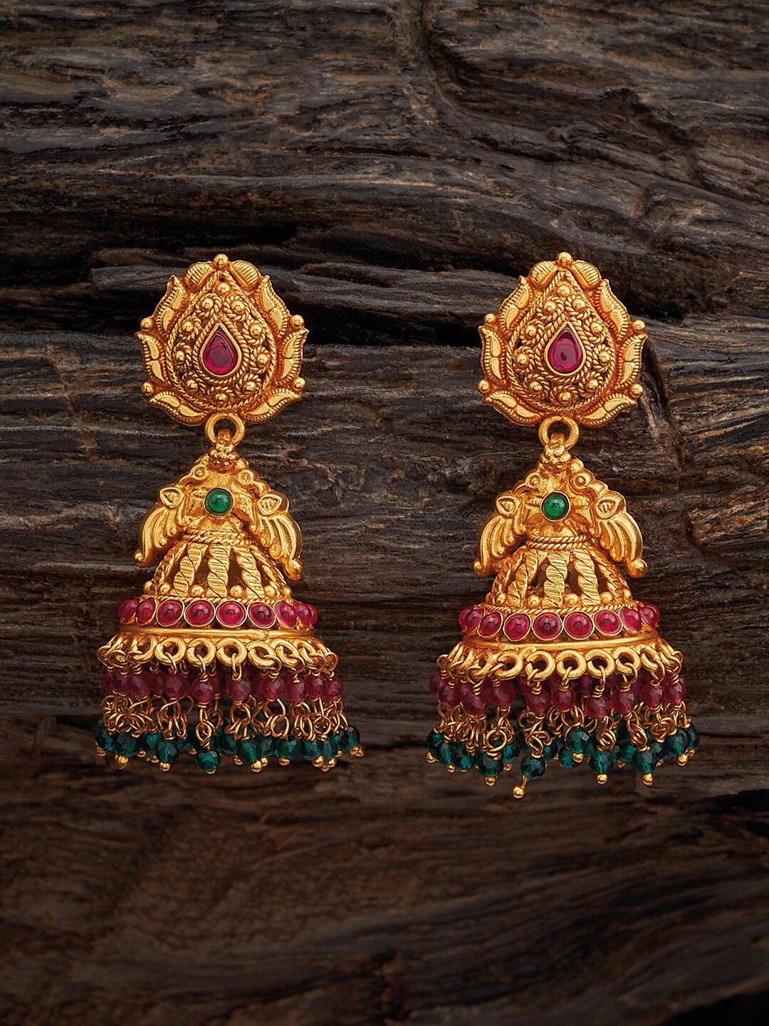 

Kushal's Fashion Jewellery Gold-Plated Dome Shaped Jhumkas, Red