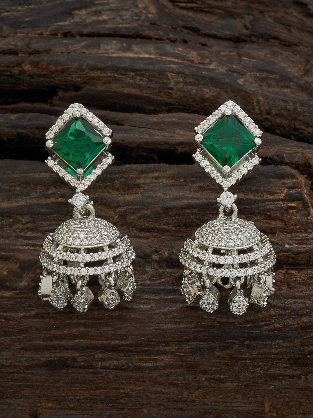 

Kushal's Fashion Jewellery Rhodium-Plated Dome Shaped Jhumkas, Green