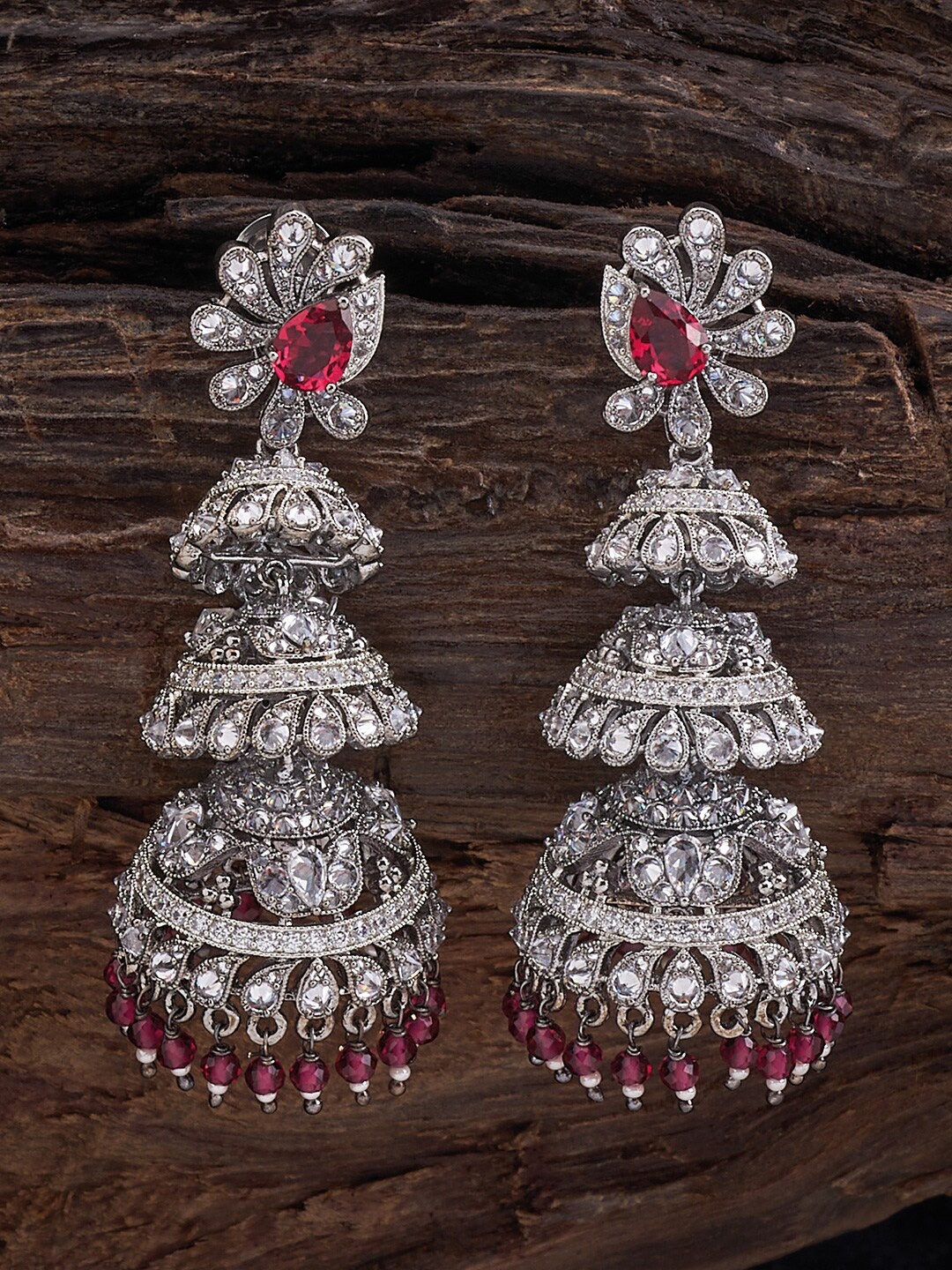 

Kushal's Fashion Jewellery Rhodium-Plated Dome Shaped Jhumkas Earrings, Red