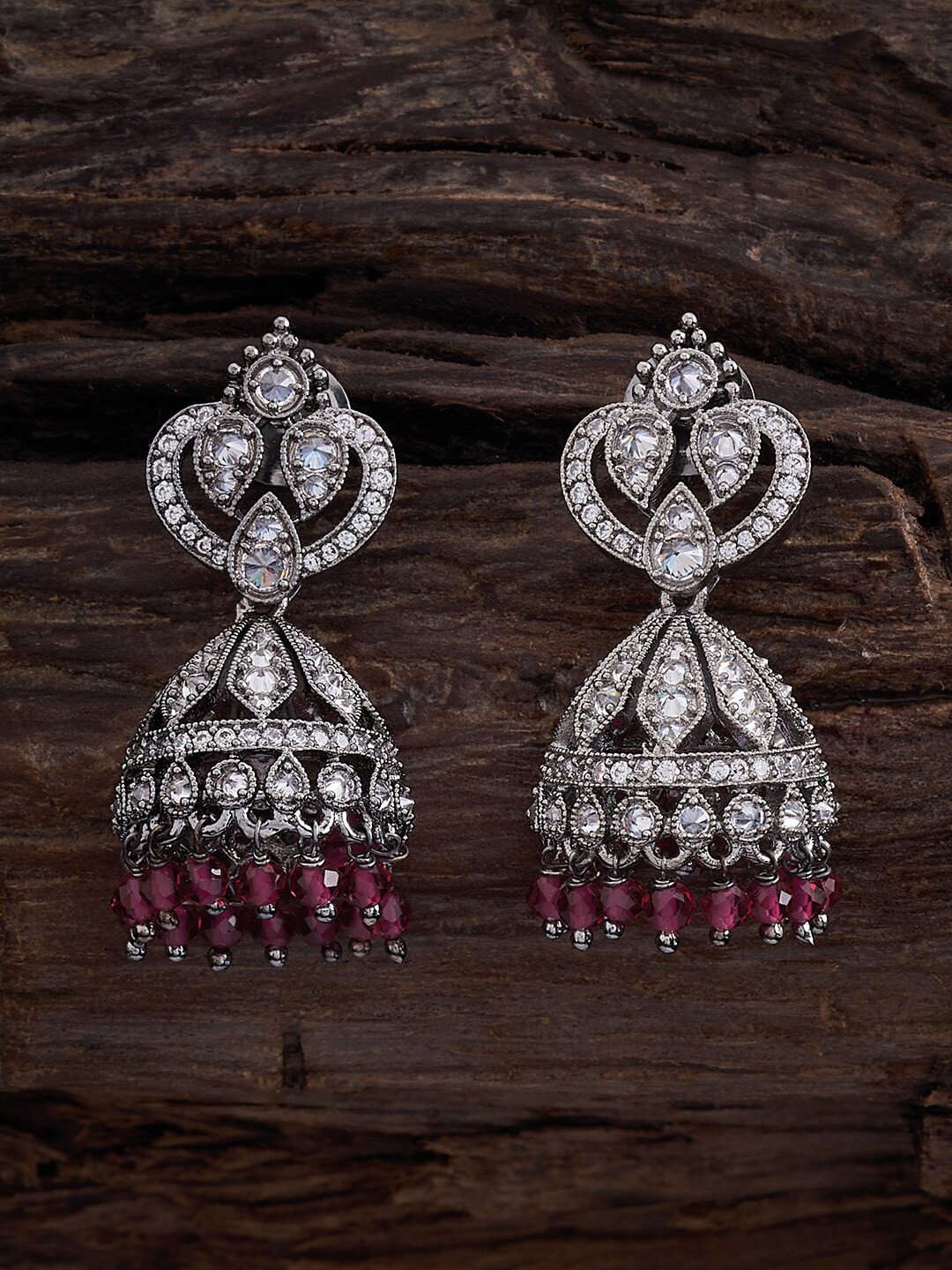 

Kushal's Fashion Jewellery Rhodium-Plated Dome Shaped Jhumkas, Red