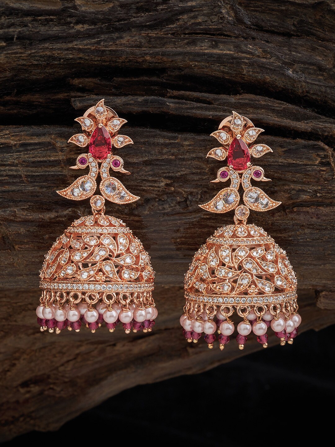 

Kushal's Fashion Jewellery Rose Gold-Plated Classic Jhumkas Earrings, Red