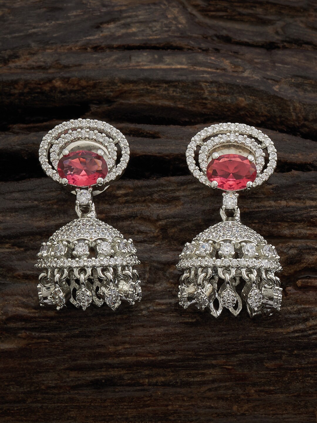 

Kushal's Fashion Jewellery Rhodium-Plated Dome Shaped Jhumkas, Red