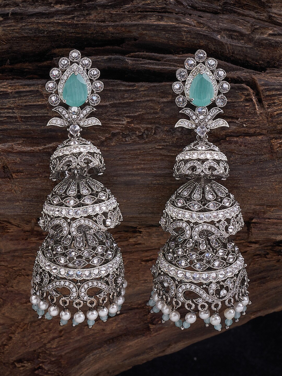 

Kushal's Fashion Jewellery Rhodium-Plated Dome Shaped Jhumkas, Sea green