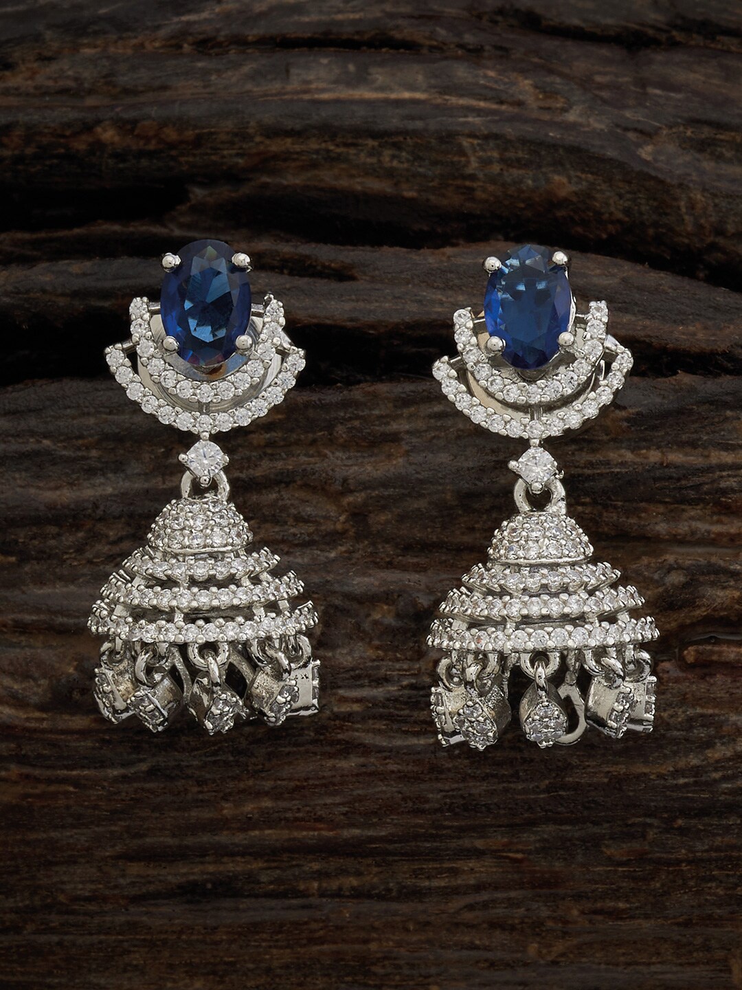 

Kushal's Fashion Jewellery Rhodium-Plated Cubic Zirconia Studded Dome Shaped Jhumkas, Silver