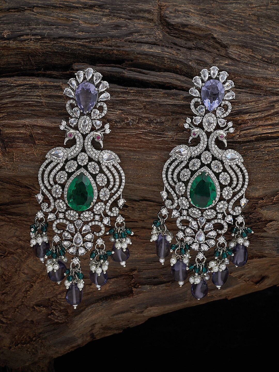 

Kushal's Fashion Jewellery Rhodium-Plated Cubic Zirconia Studded Peacock Shaped Earrings, Silver