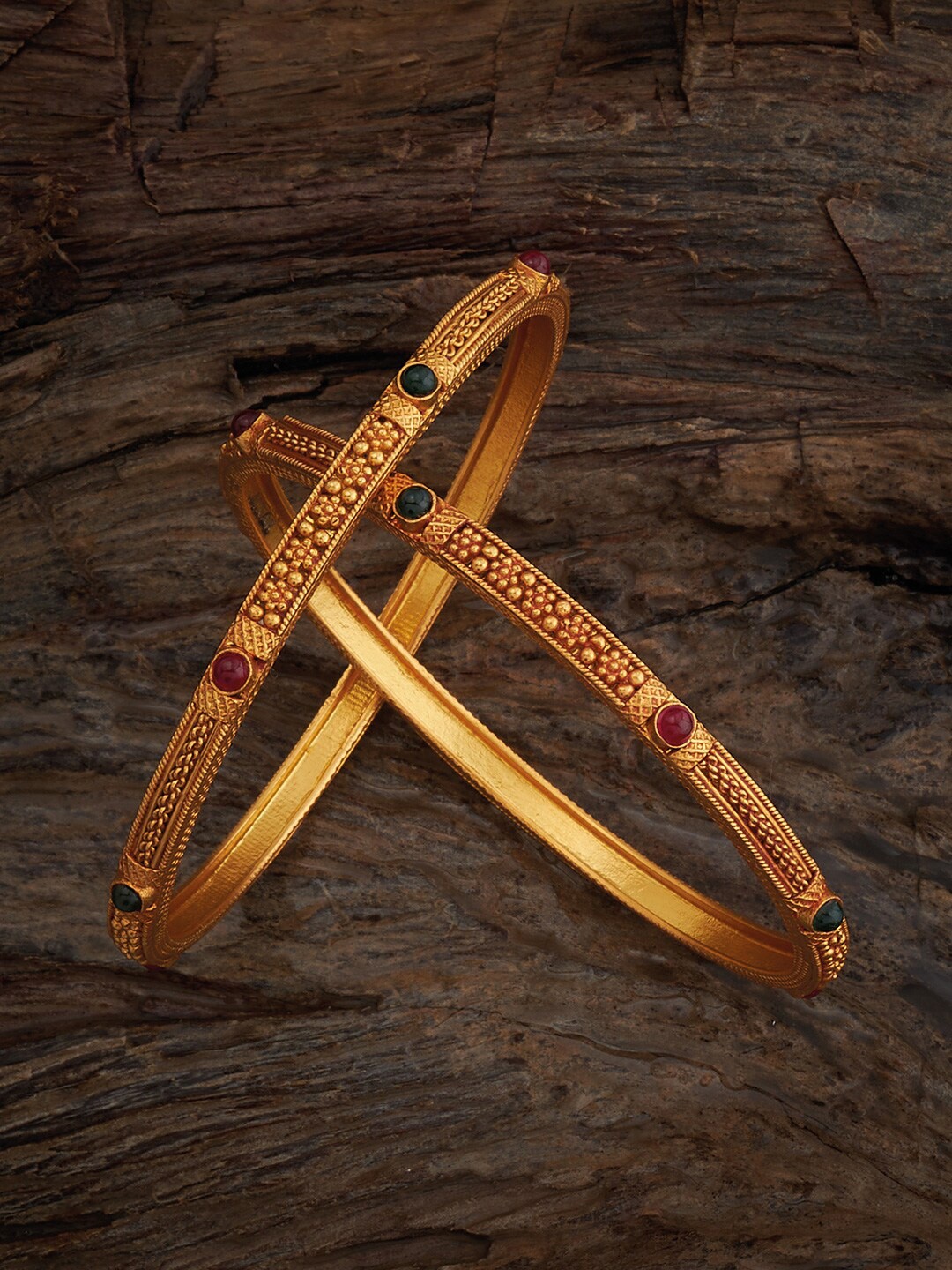

Kushal's Fashion Jewellery Set Of 2 Gold-Plated Stone-Studded 92.5 Pure Silver Bangles