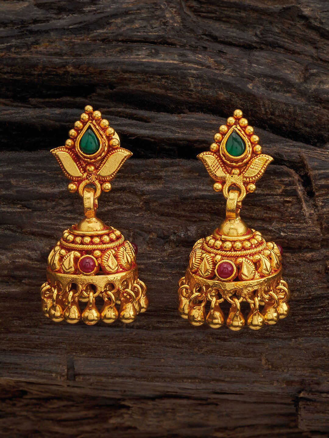 

Kushal's Fashion Jewellery 92.5 Pure Silver Gold-Plated Stones Studded Dome Shaped Jhumkas