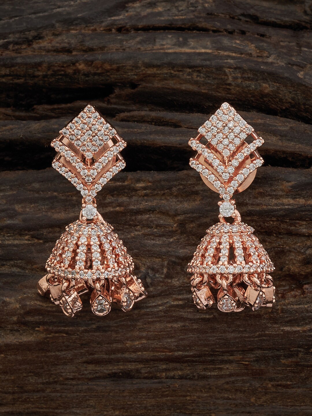 

Kushal's Fashion Jewellery Rose Gold-Plated Cubic Zirconia Studded Dome Shaped Jhumkas