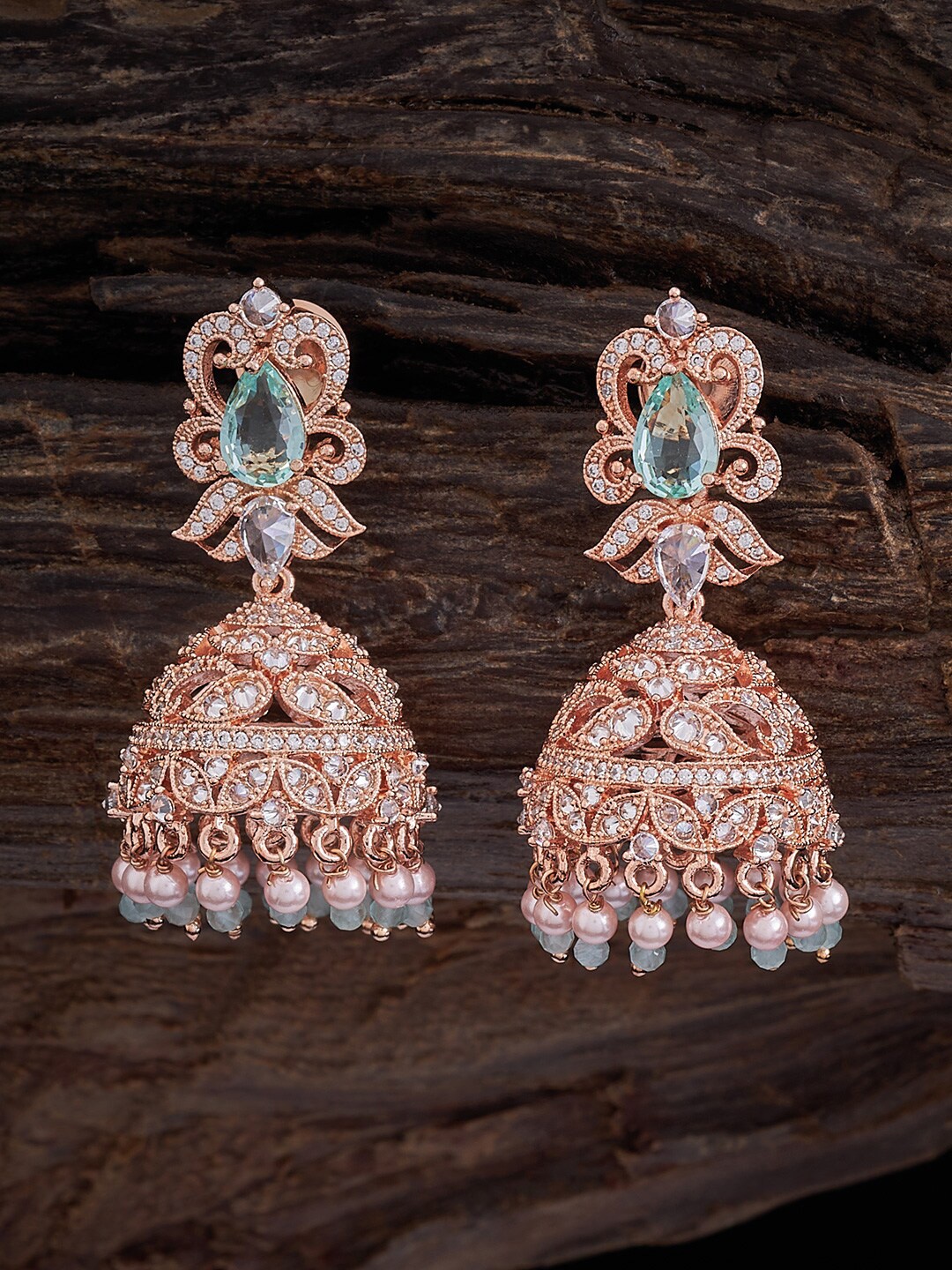 

Kushal's Fashion Jewellery Rose Gold-Plated Cubic Zirconia Studded Dome Shaped Jhumkas