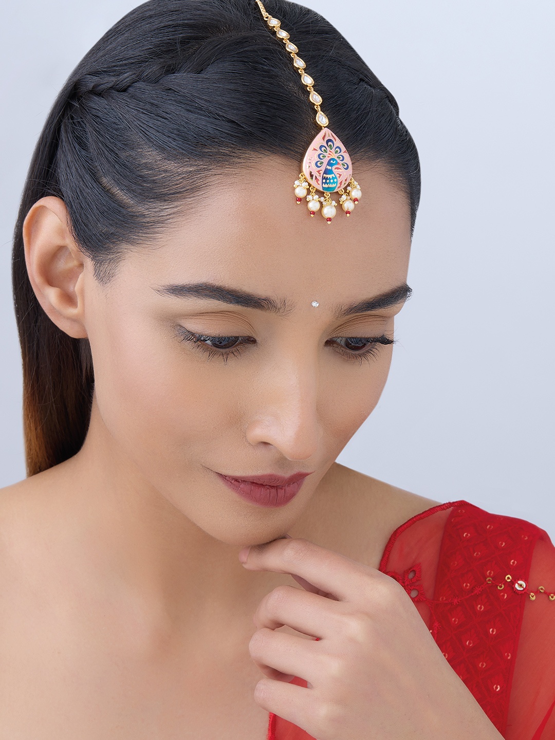 

Kushal's Fashion Jewellery Kundan-Studded Meenakari Maang Tikka, Gold