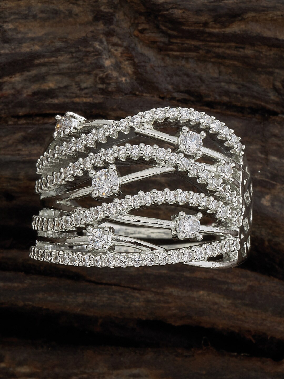 

Kushal's Fashion Jewellery Rhodium-Plated CZ-Studded Finger Ring, Silver