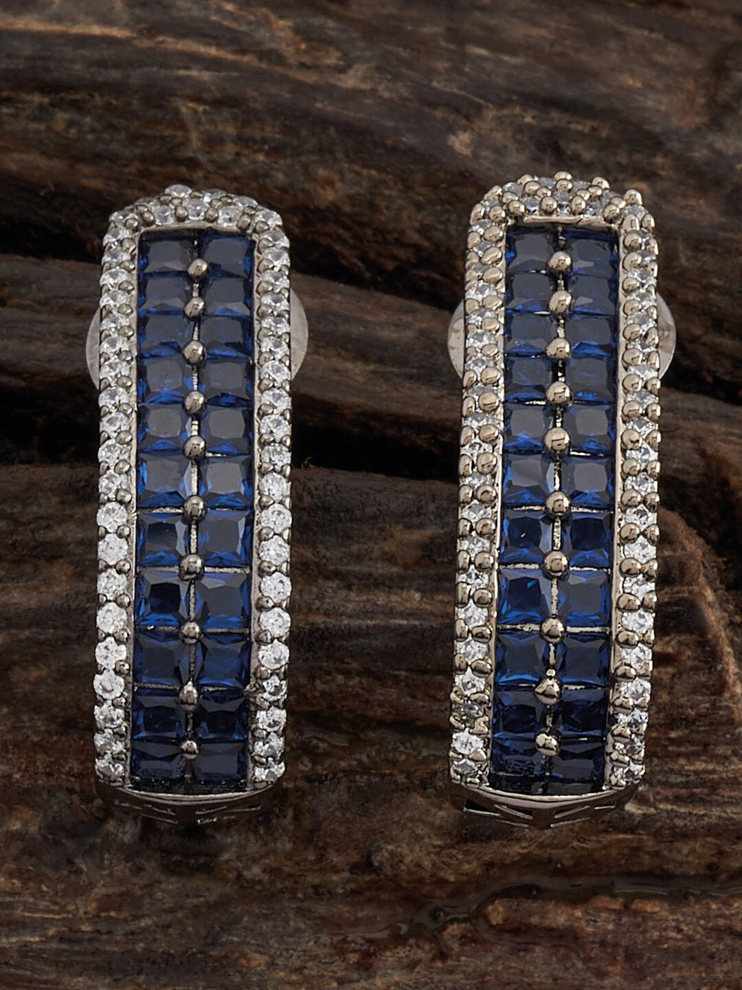 

Kushal's Fashion Jewellery Rhodium-Plated Zircon-Studded Half Hoop Earrings, Blue