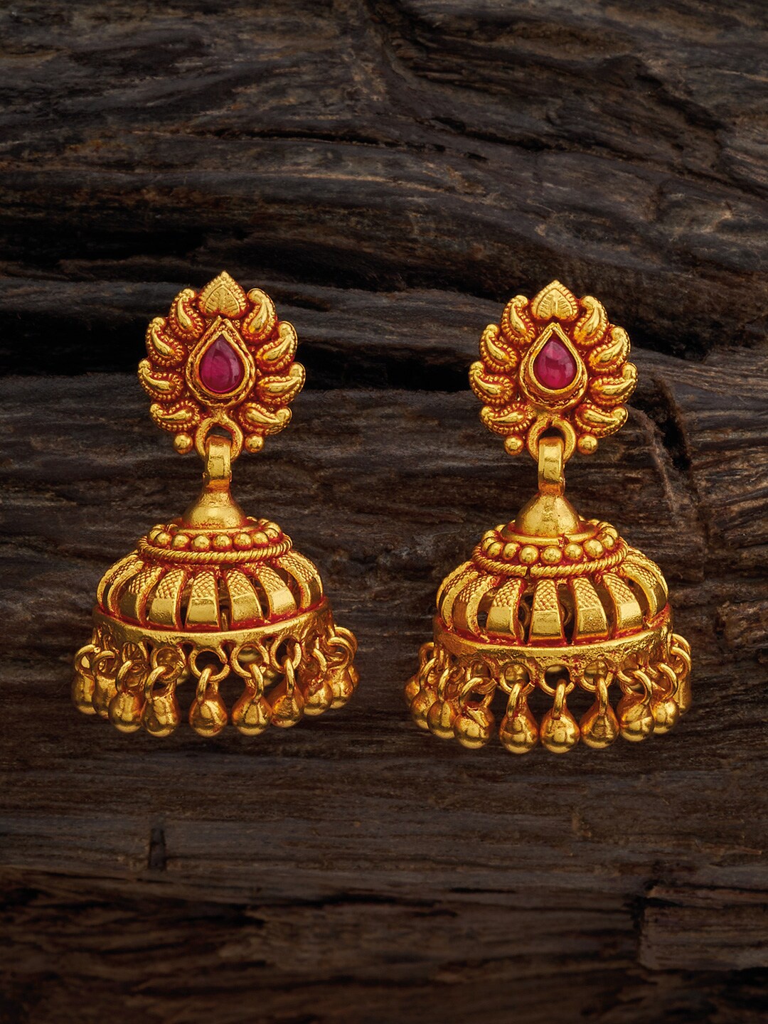 

Kushal's Fashion Jewellery 92.5 Pure Silver Gold-Plated Dome Shaped Jhumkas, Red