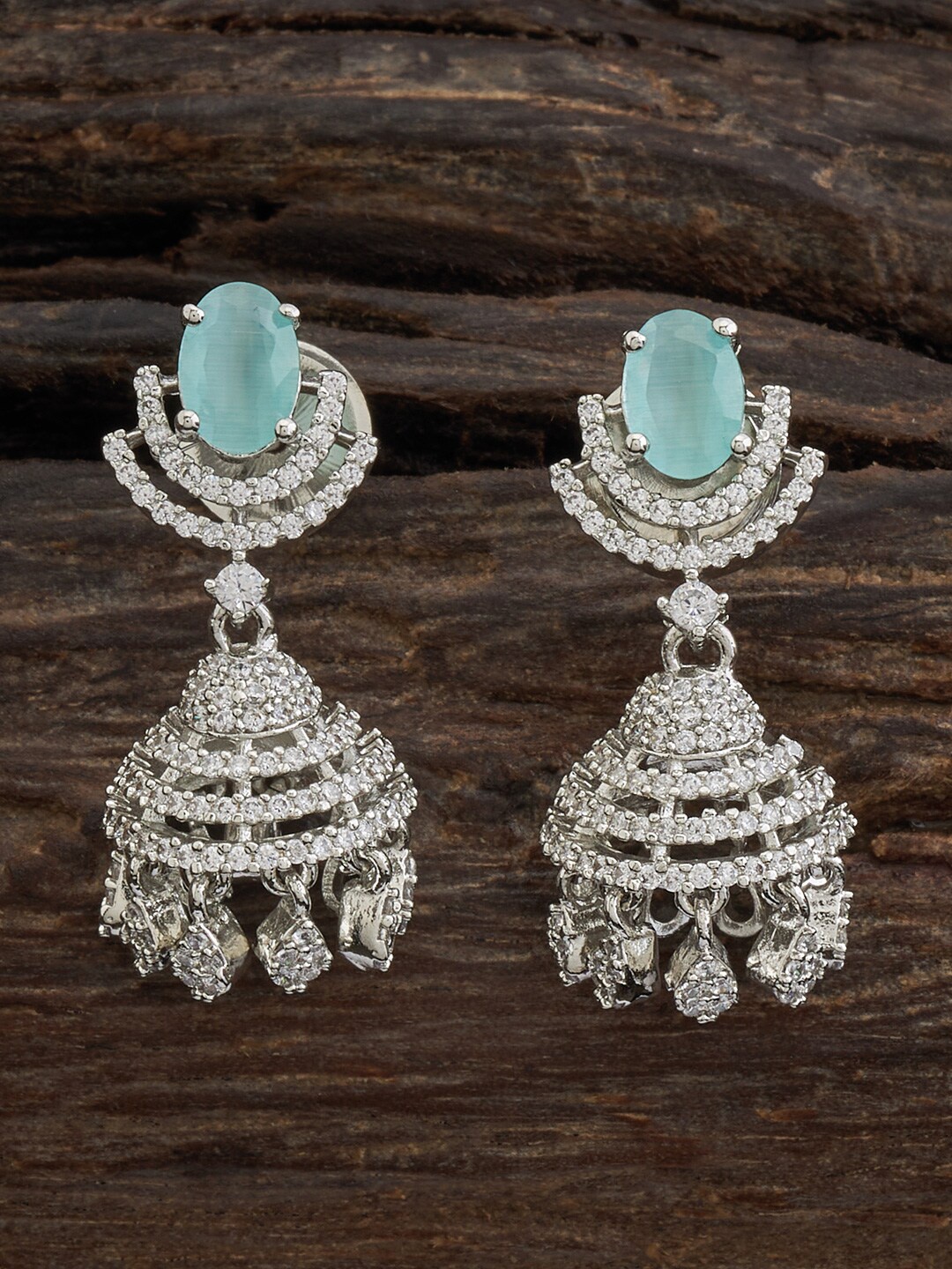 

Kushal's Fashion Jewellery Rhodium-Plated Dome Shaped Zircon-Studded Jhumkas, Silver