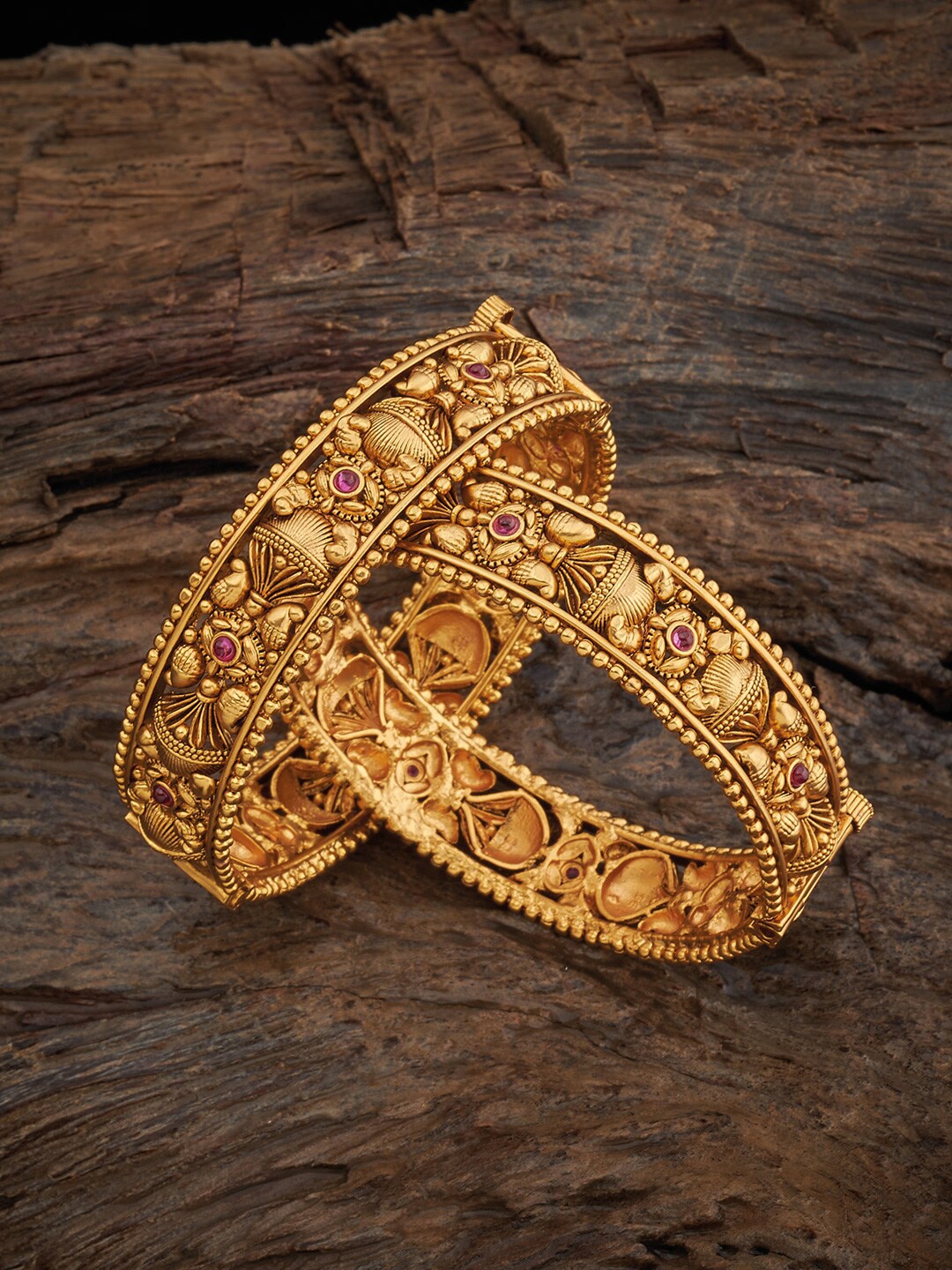 

Kushal's Fashion Jewellery Set Of 2 Gold-Plated Stone-Studded Antique Bangles