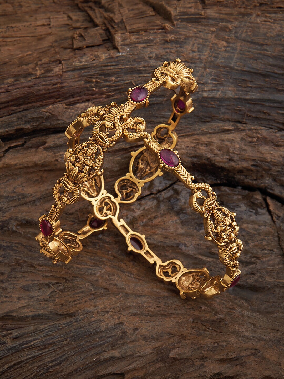

Kushal's Fashion Jewellery Set Of 2 Gold-Plated Stone-Studded Antique Bangles