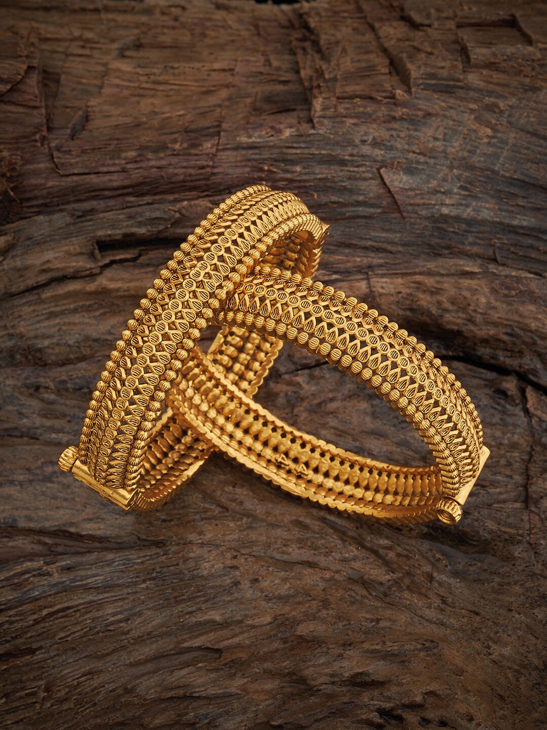 

Kushal's Fashion Jewellery Set Of 2 Gold-Plated Stone-Studded Antique Bangles