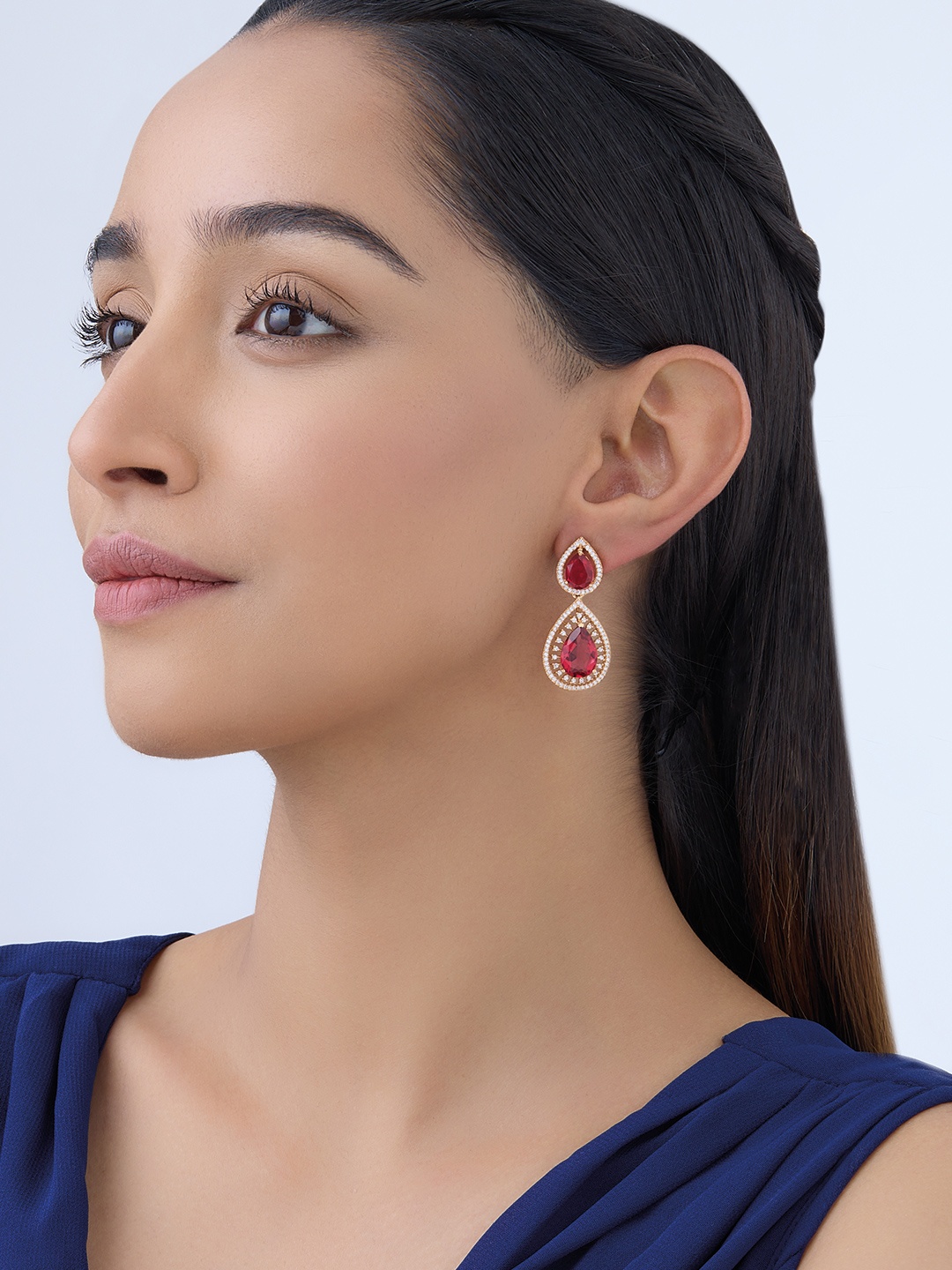 

Kushal's Fashion Jewellery Gold-Plated Zircon-Studded Drop Earrings