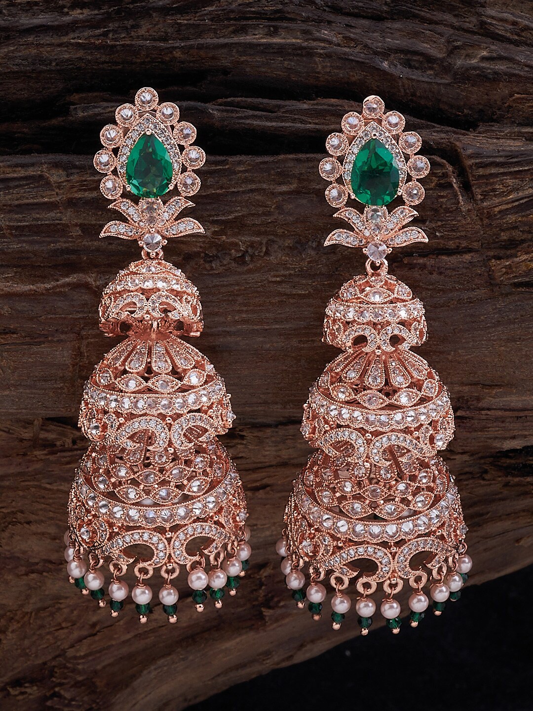

Kushal's Fashion Jewellery Rose Gold-Plated Dome Shaped Zircon-Studded Jhumkas