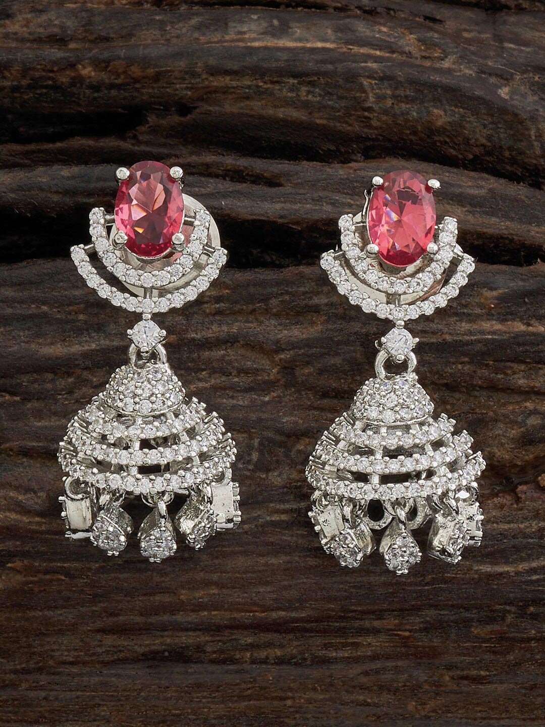 

Kushal's Fashion Jewellery Rhodium-Plated Dome Shaped Cubic Zirconia Jhumkas, Red