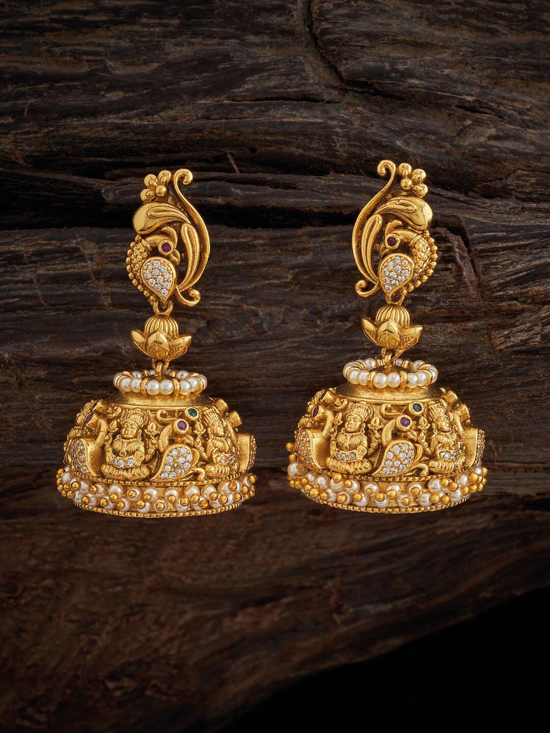 

Kushal's Fashion Jewellery Gold-Plated Ruby Antique Jhumkas, Red