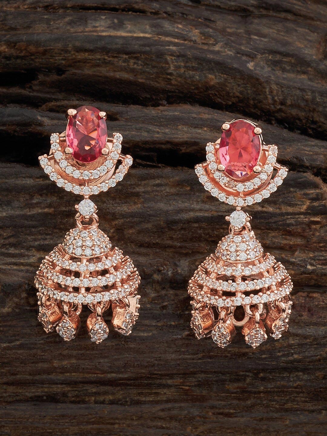 

Kushal's Fashion Jewellery Rose Gold-Plated Ruby Cubic Zirconia Dome Shaped Jhumkas, Red