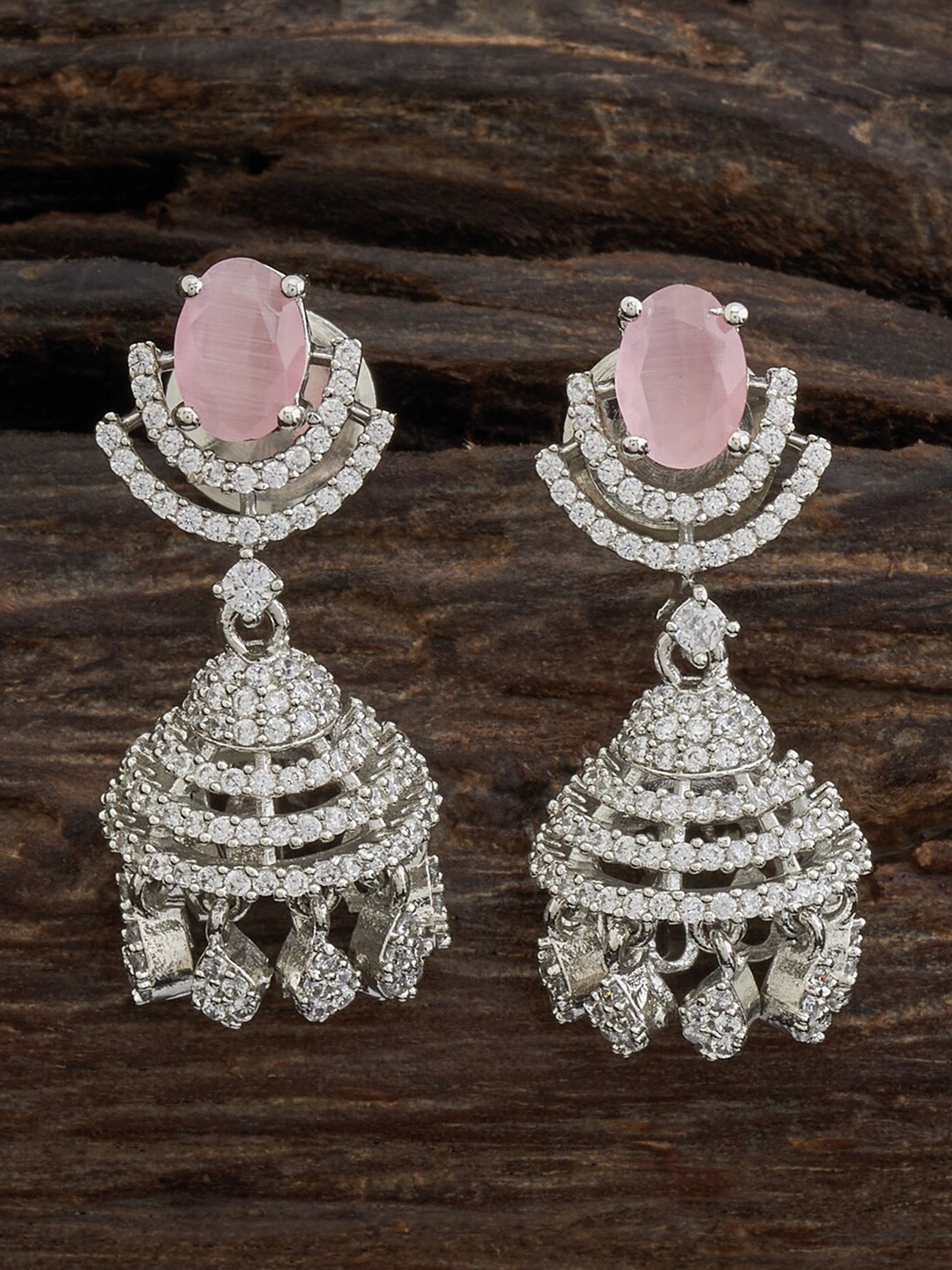 

Kushal's Fashion Jewellery Rhodium-Plated Dome Shaped Cubic Zirconia Jhumkas, Pink