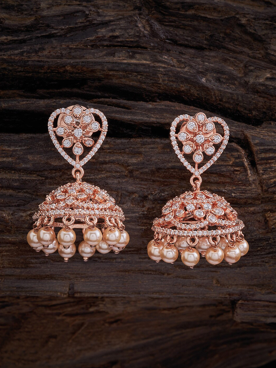 

Kushal's Fashion Jewellery Rose Gold-Plated Dome Shaped Cubic Zirconia Jhumkas, White