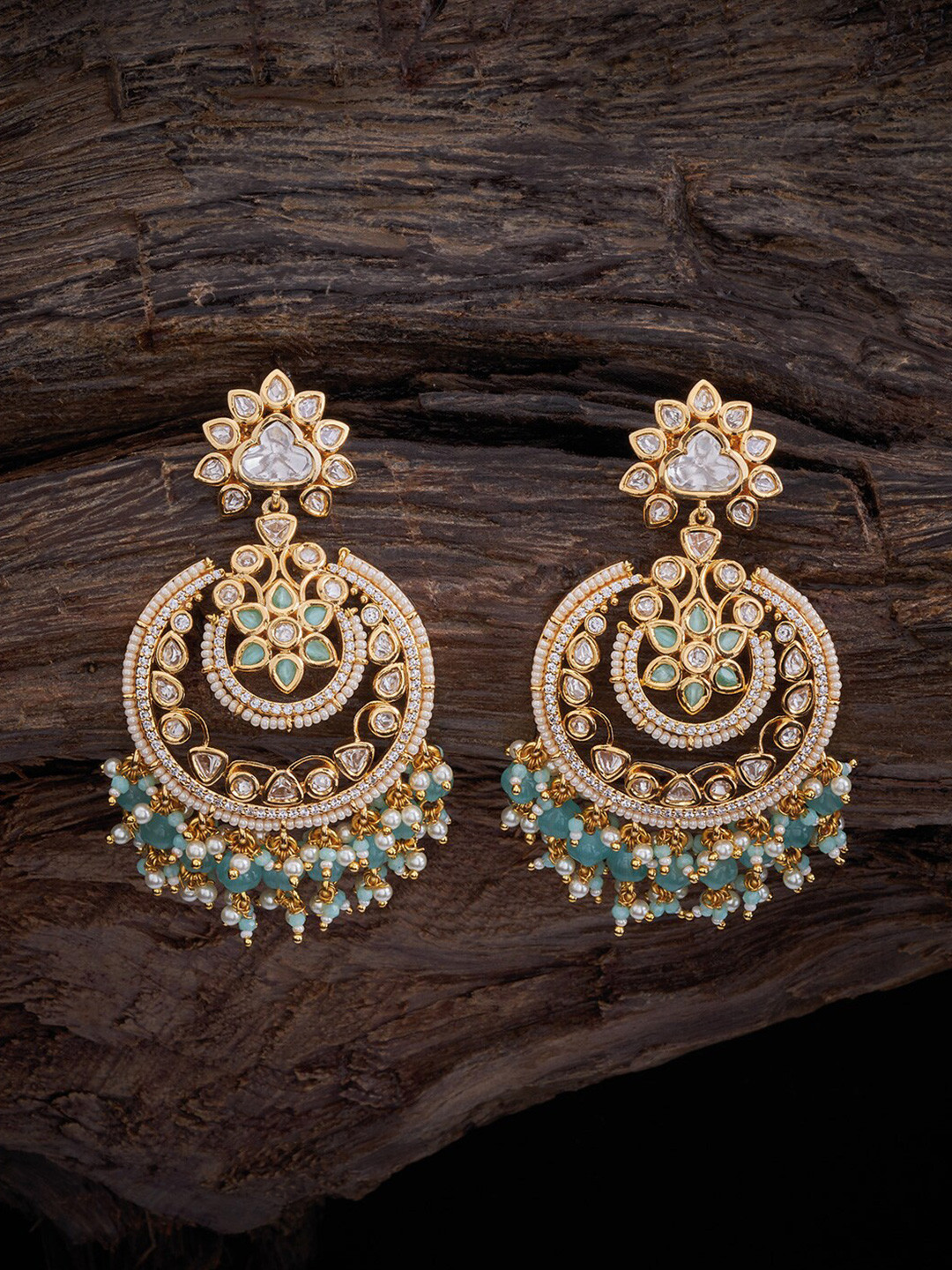 

Kushal's Fashion Jewellery Kundan Studded Circular Chandbalis, Sea green